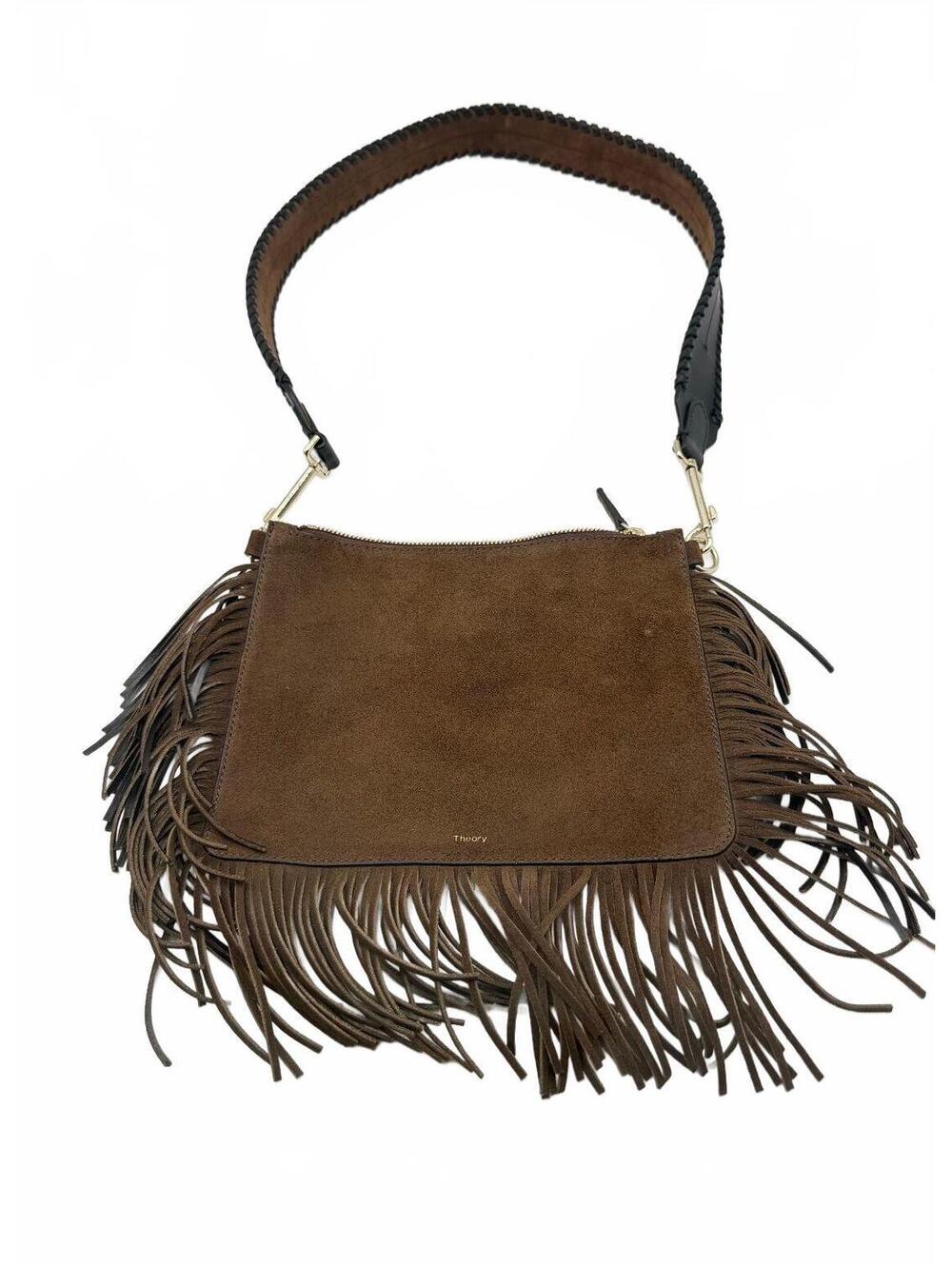 Theory Brown Suede Fringe Pouch Shoulder Bag Clutch Boho